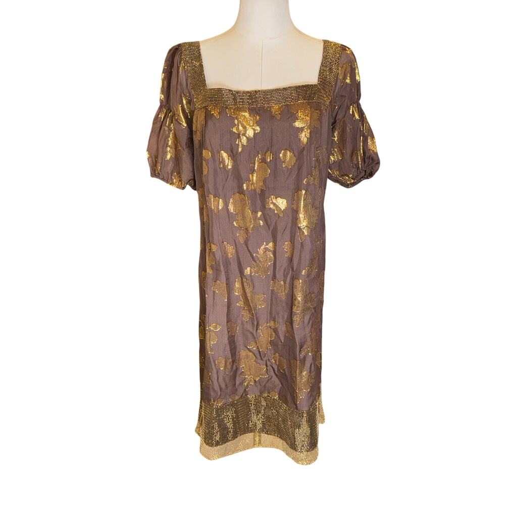 Laundry by Design Silk Metallic Gold Floral Midi Dress Size 4